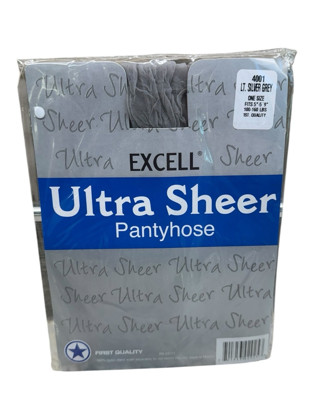 Excell Ultra Sheer Pantyhose 100% Nylon First Quality One Size Silver 100-160